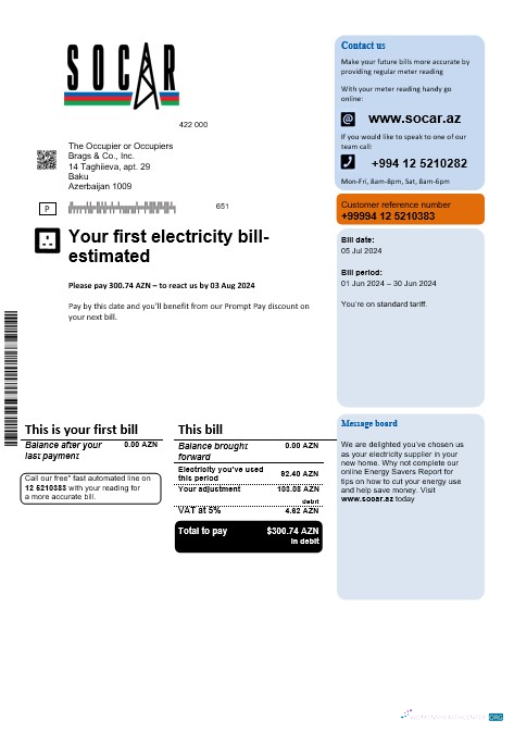 Azerbaijan Socar gas business utility bill template, fully editable in PSD format